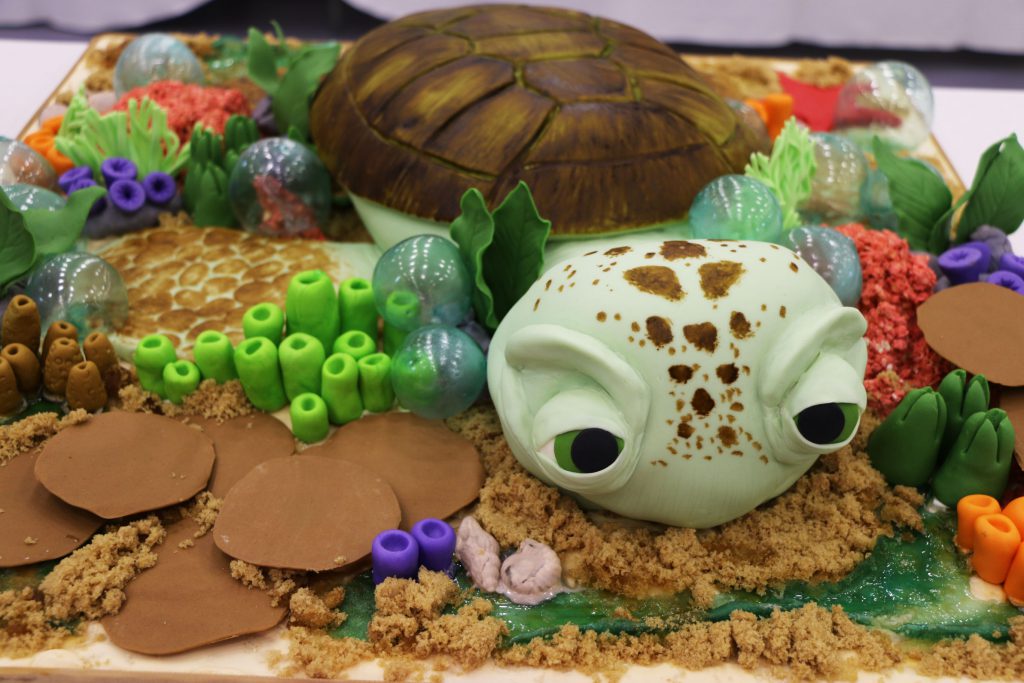 Photo of a cake make to look like a cartoon turtle in a natural landscape at the That Takes the Cake 2018