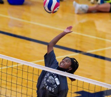 Volleyball players at net