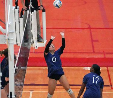 Girl Volleyball player setting ball off net